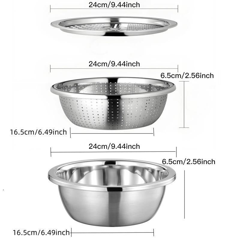 Ultimate 3-In-1 Stainless Steel Strainer Set: Basin, Sieve, and Cutter for Effortless Kitchen Prep!