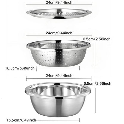 Ultimate 3-In-1 Stainless Steel Strainer Set: Basin, Sieve, and Cutter for Effortless Kitchen Prep!