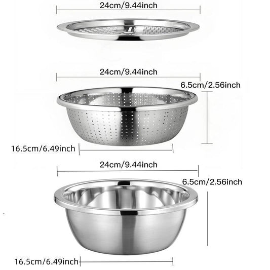 Ultimate 3-In-1 Stainless Steel Strainer Set: Basin, Sieve, and Cutter for Effortless Kitchen Prep!