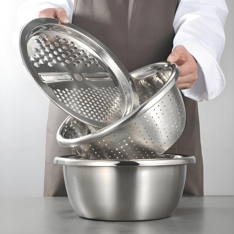 Ultimate 3-In-1 Stainless Steel Strainer Set: Basin, Sieve, and Cutter for Effortless Kitchen Prep!
