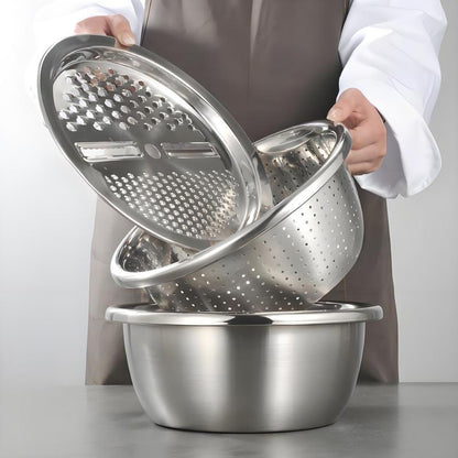 Ultimate 3-In-1 Stainless Steel Strainer Set: Basin, Sieve, and Cutter for Effortless Kitchen Prep!