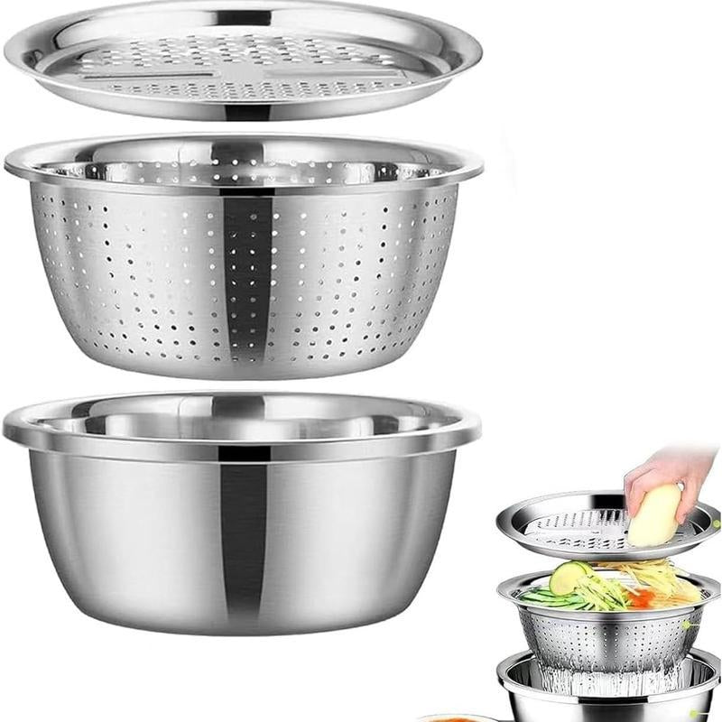 Ultimate 3-In-1 Stainless Steel Strainer Set: Basin, Sieve, and Cutter for Effortless Kitchen Prep!