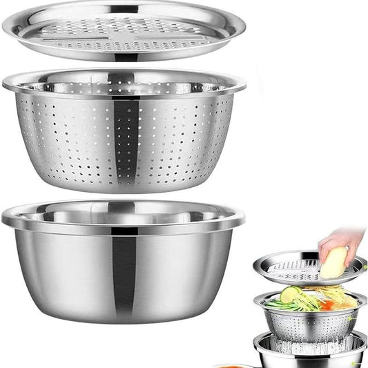 Ultimate 3-In-1 Stainless Steel Strainer Set: Basin, Sieve, and Cutter for Effortless Kitchen Prep!