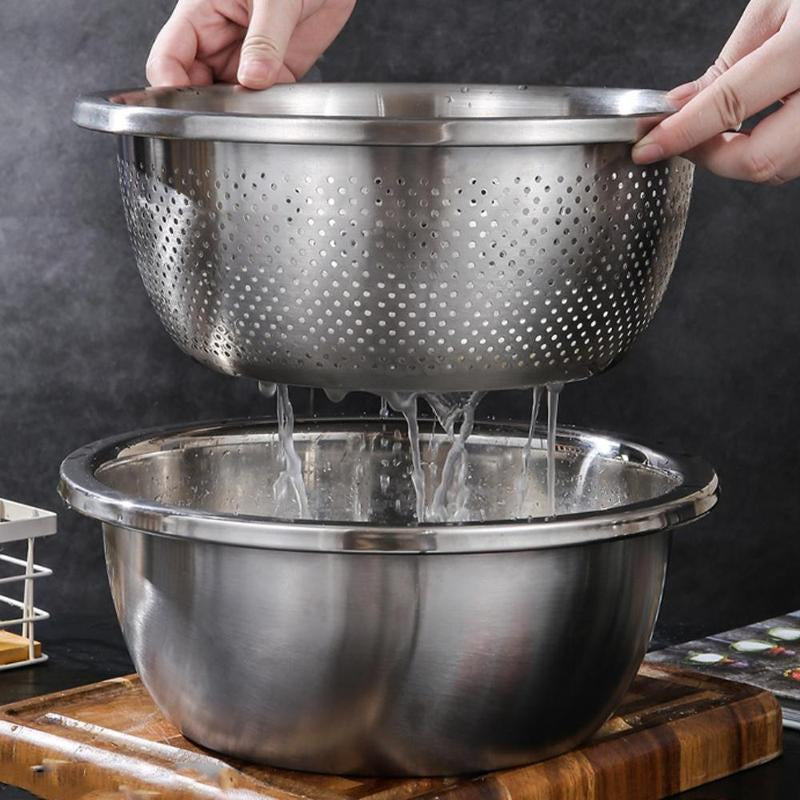 Ultimate 3-In-1 Stainless Steel Strainer Set: Basin, Sieve, and Cutter for Effortless Kitchen Prep!