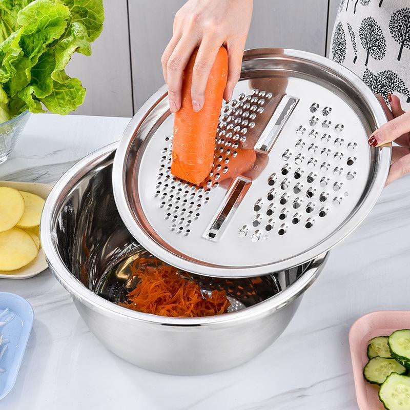 Ultimate 3-In-1 Stainless Steel Strainer Set: Basin, Sieve, and Cutter for Effortless Kitchen Prep!