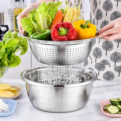 Ultimate 3-In-1 Stainless Steel Strainer Set: Basin, Sieve, and Cutter for Effortless Kitchen Prep!